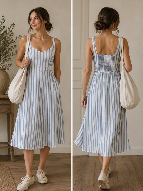 Old Navy Dresses & Skirts - NWT Old Navy Blue and White Striped Midi Dress Linen Medium